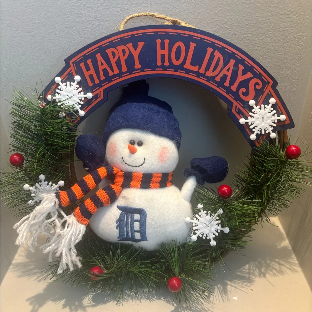 Detroit Tigers 12” Christmas Festive Snowman Holiday Wreath - Blue/ Orange MLB
